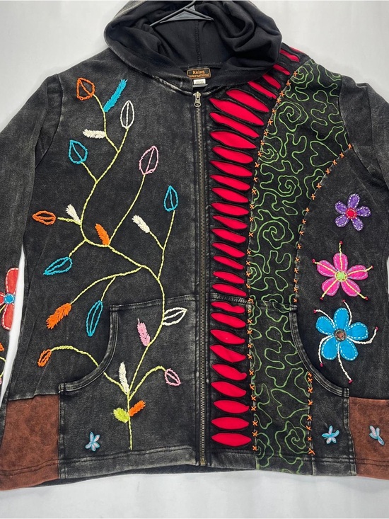 Rising International Jackets & Blazers - Rising International Multicolor Embroidered Hooded Jacket with Red Accents